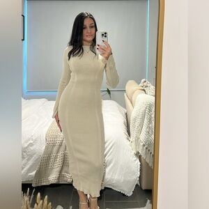 H&M Cream Ribbed Bodycon Dress Long Sleeve